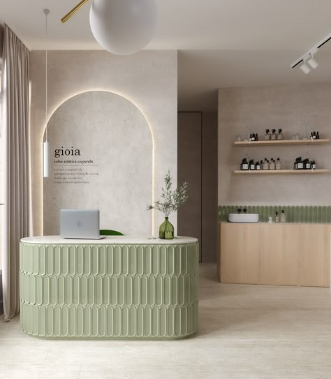 Salon Interior Design Green, Green Salon Decor, Nail Salon Interior, Dental Office Design Interiors, Spa Interior Design, Hair Salon Interior, Salon Suites Decor, Clinic Interior, Clinic Interior Design