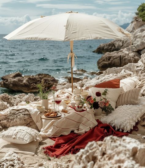 Romance with a view. A serene picnic setup on a beach. #seaaesthetic #picnicsetup #timefortwo #lovescenery #summerromance #couplesgoals Beach Picnic Setup, Beach Picnic Wedding, Beach Picnic Ideas, Beach Picnic Aesthetic, Seaside Picnic, Beach Setup, Romantic Beach Picnic, Picnic Setup, Tent Ideas