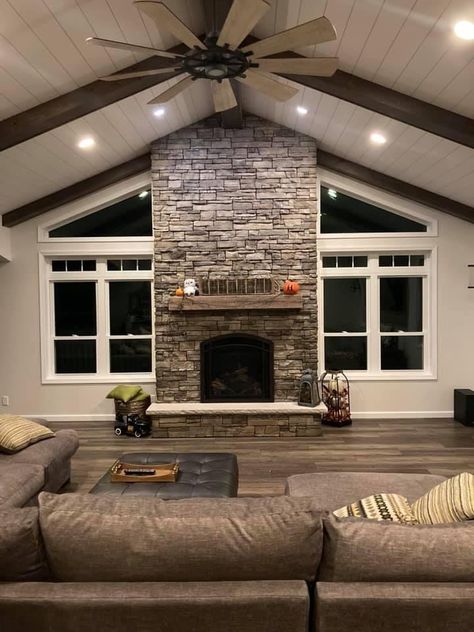 High Ceiling Living Room Rustic, Lofted Living Room Ceiling, Great Room Additions Off Kitchen, Farmhouse Cathedral Ceiling Living Room, Ranch Home With Vaulted Ceiling, Living Room Designs With Beams, Living Rooms With Desks, Farmhouse Living Room With Beams, Post And Beam Living Room