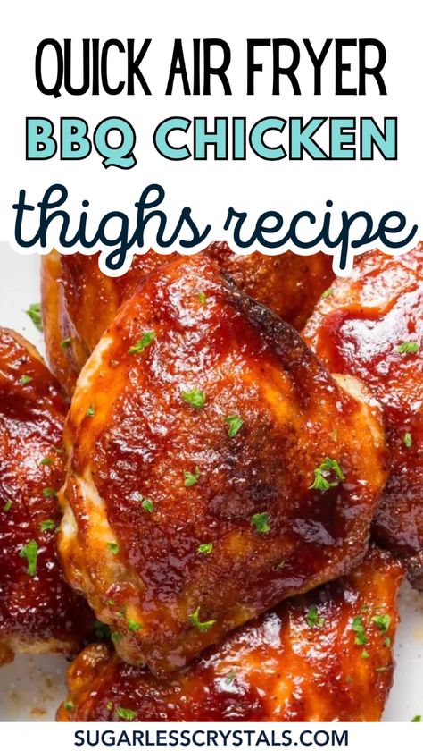 Enjoy perfect Air Fryer BBQ Chicken Thighs, featuring crispy skin & a sticky, sweet BBQ sauce. This simple recipe uses the air fryer's rapid hot air circulation to cook the chicken thighs to juicy perfection with a satisfying crunch. Ready in just 20 minutes, these BBQ chicken thighs are perfect for a quick dinner or a delicious family meal. The blend of BBQ spices enhances the flavor, making each bite mouthwatering. Add this to your list of quick meals and enjoy a flavorful dinner in no time. Air Fryer Barbecue Chicken Thighs, Barbecue Chicken In Air Fryer, Chicken Thigh Recipes In Air Fryer, Bbq Chicken Thighs Air Fryer, Bbq Chicken Thighs In Oven, Airfryer Chicken Thighs, Air Fryer Bbq Chicken Breast, Air Fryer Bbq Chicken Thighs, Honey Glazed Pork Chops