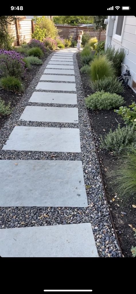 Walkway To Porch Ideas, Pebbled Garden Ideas, Stone And Rock Pathway, Stone And Pebble Walkway, Paver Walkway With Rocks In Between, Mulch And Paver Walkway, Pebbles Walkway, Crushed Stone Walkway, Pebble Walkway Pathways