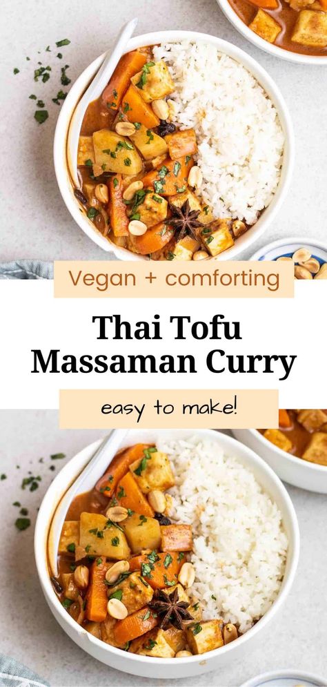 This tofu Massaman curry features pan-fried tofu, carrots, and potato cubes cooked in an aromatic, rich, and spicy sauce. Quick and easy to make, this vegan Massaman curry makes the perfect weeknight dinner! Vegan Massaman Curry, Tofu Potato, Massaman Curry Recipe, Thai Tofu, Recipe Tofu, Massaman Curry Paste, Potato Cubes, Pan Fried Tofu, Tofu Curry