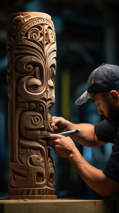 Artisan Carving Totem: A skilled artisan focuses intently as he carves intricate patterns into a wooden totem pole. #artisan #carving #totem #craftsmanship #woodwork #intricate #patterns #sculpture #aiart #aiphoto #stockcake https://ayr.app/l/fpD2 Wooden Carving Design, Totem Sculpture, Totem Poles, Wood Totems Sculpture, Totem Pole Carving, Totem Pole Craft, Clay Totems Ceramic Sculptures, Eagle Totem Pole, Diy Totem