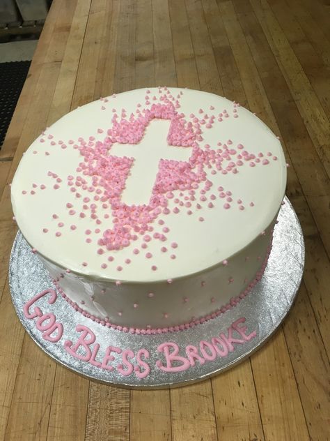 Pink Pearl shadow cross cake with a dotted Swiss exterior. Christian Birthday Cake, Jesus Cake Ideas, Bible Birthday Cake, Easter Cross Cake, Jesus Cake, Easter Cake Designs, Christian Cakes, Birthday Cale, Confirmation Ideas