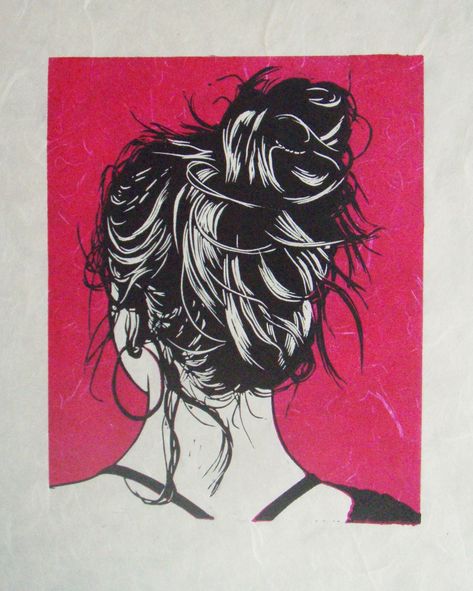 Hair bun, two color linocut. On saa paper, 20 x 25 cm. Printmaking Portraits, Lino Techniques, Linocut Portrait, Color Linocut, Linoleum Printmaking, Print Making Designs, Relief Prints, Relief Printmaking, Woodcut Art