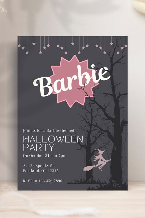 The invite is a muted gray. Two spooky, Halloween-inspired, dark graytrees are in the foreground. At the top, a Barbie witch on a broomstick flies in front of a pink moon emblazoned with the Barbie logo. All you see is Witch Barbie's outline. Dusty pink stars are positioned above to the moon. White text is in the lower lefthand corner, listing customizable details for the Halloween party. When you purchase this Canva template, you can customize all text, colors, and more. Spooky Barbie Party, Halloween Barbie Party, Barbie Halloween Party, Spooky Barbie, Zombie Barbie, 23 Bday, Barbie Birthday Invitations, Barbie Invitations, 52nd Birthday