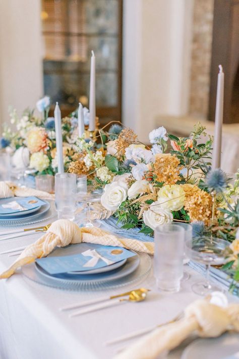 Baby Blue And Yellow Wedding, Light Blue Yellow And White Wedding, Light Blue And Pale Yellow Wedding, Dusty Blue And Soft Yellow Wedding, Blue And Yellow Mediterranean Wedding, Blue Floral Linen Wedding, Romantic Rainy Day, Light Yellow Weddings, Bella Collina Wedding