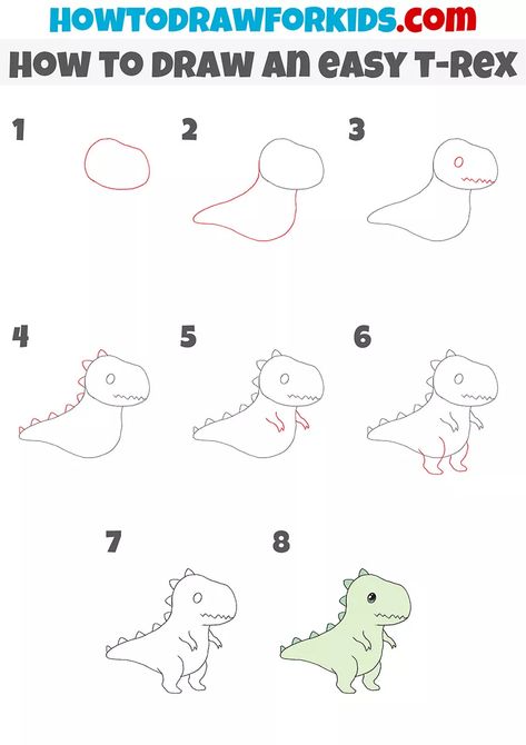 How to Draw an Easy T-Rex - Easy Drawing Tutorial For Kids Trex Dinosaur Doodle, How To Draw A Trex, How To Draw A Dinosaur, Easy Dinosaur Drawing, T Rex Cartoon, Doodling Tutorial, Dino Drawing, Cute T Rex, Sketching Tips