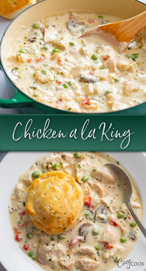 chicken a la king with chicken in a mushroom cream sauce with pimentos and peas. Topped with a biscuit Instant Pot Chicken Ala King Recipes, Best Chicken Ala King Recipes, Chicken Ala King Recipes, Chicken A La King Recipes, Chicken Ala King, Ala King, The Cozy Cook, Rice Egg, Chicken A La King