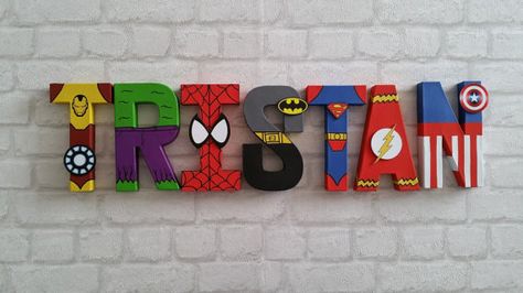 Super Hero Letters, Spiderman Toddler, Superhero Letters, Iron Man Spiderman, Superhero Wall, Marvel And Dc Characters, Superhero Names, Superhero Wall Art, Letters For Kids