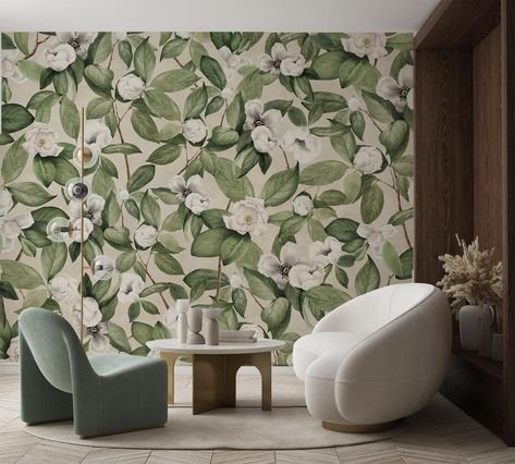 Painted Magnolia, Floral Print Wallpaper, Floral Wall Mural, Creme White, Montpellier France, Magnolia Branch, Beauty In Nature, Magnolia Trees, Botanical Wallpaper