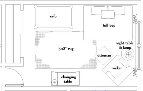 Being the indecisive person I’m I had a hard time deciding the floor layout for the nursery. I tried many options, with the crib caddy corner, the full bed centered by the window, the crib centered... Baby Room Layout Ideas, Nursery Guest Room Combo, Shared Nursery, Nursery Layout, Nursery Guest Room, Nursery Planning, Fitted Bedroom Furniture, Bedroom Furniture Layout, Shared Bedroom