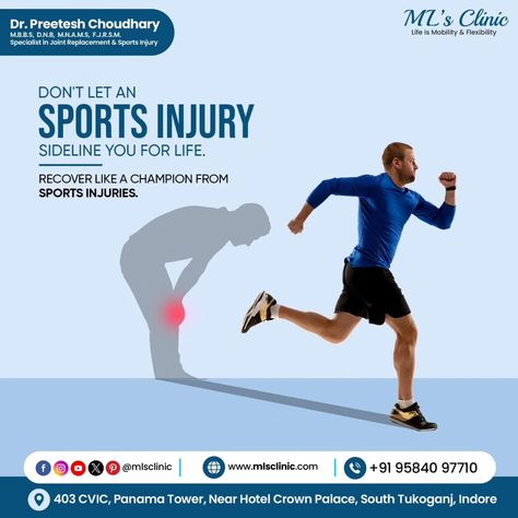 Sports injuries are commonly caused by overuse, direct impact, or the application of force that is greater than the body part can structurally withstand. Common injuries include bruises, sprains, strains, joint injuries and nose bleeds.

For more information about Sports Injury please contact:
Dr. Preetesh Choudhary
+91-95840 97710

#mlsclinic #indorecity #sportsinjury #ligamenttear #anklesprain #aclinjury #kneepain #drpreeteshchoudhary #excercise #orthopedics

[Arthroscopy, Sports Medicine] Ligament Tear, Nose Bleeds, Sprained Ankle, Healthy Joints, Sports Injury, Sports Medicine, Creative Ads, Knee Pain, Greater Than