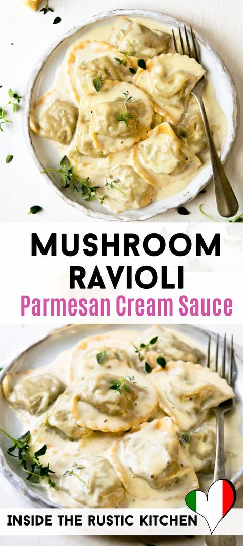 Homemade Mushroom Ravioli, Homemade Raviolis, Garlic Parmesan Cream Sauce, Mushroom Pate, Ravioli Recipes, Italian Sauces, Cream Sauces, Ravioli Sauce, Fresh Pasta Recipes