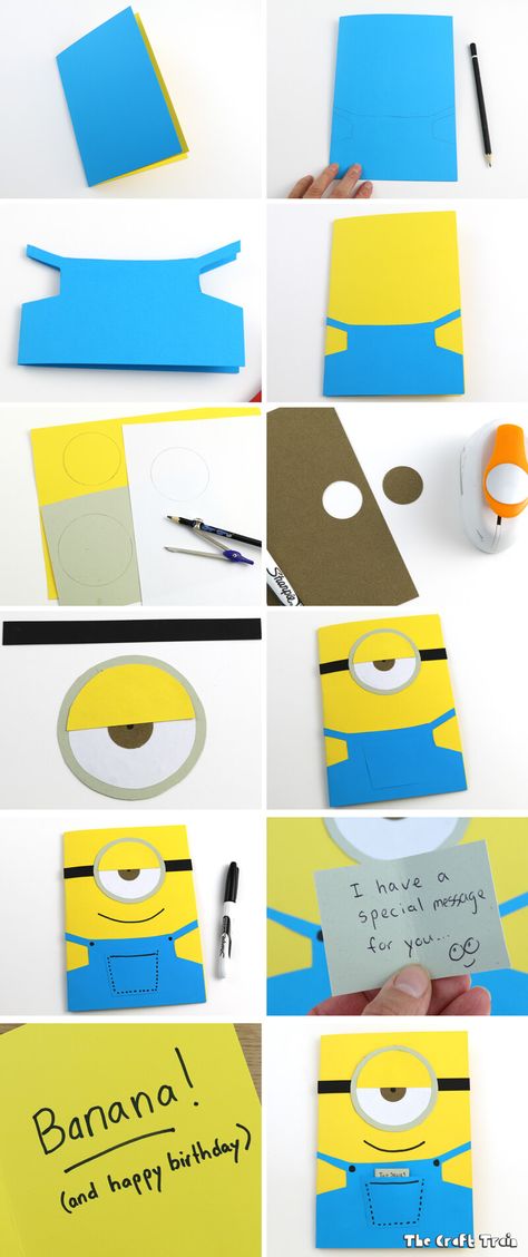 Use construction paper to create a simple Minion greeting card in 10 minutes. This one is a birthday card but it would also make a good fathers day (or any occasion!) card Minion Gift Ideas, B Day Card Ideas, Simple Greeting Cards Handmade, Simple Birthday Card Ideas, Minion Birthday Card, Easy Birthday Cards Diy, Greeting Cards Handmade Birthday, Minion Card, Paper Birthday Cards