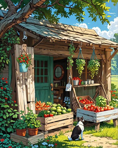 In the countryside's embrace, a garden shed stands near, With crates and baskets overflowing, the harvest of the year. Fruits and vegetables in vibrant, bountiful array, Nature’s humble treasures, in the golden light of day. 🌿🥕 . . . . . . . . #aiart #aiartcommunity #aiartwork #aiartdaily #aiartfamily #aiartist #midjourney #lofi #stablediffusion #comfyui #playgroundai #leonardoaiart #prernaverse #artexploration #digitalart #gardenshed #countrysides #countrysidefarmlife Fruits Basket Art, Fruit Basket Drawing, Harvest Painting, Vegetable Market, Orchard Garden, Basket Drawing, House Cartoon, Iphone Wallpaper Lights, Fruit Stand