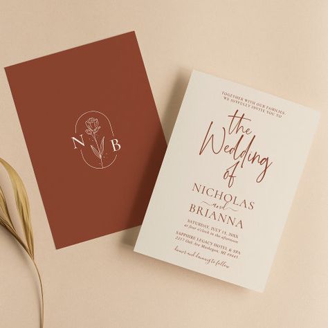 Terracotta Burnt Orange Modern Boho Wedding Invitation #zazzle #weddinginvitations #birthdayinvitations #babyshowerinvitations #zazzleinvitations #monogram #businesscards #graduation #homedecor Boho Wedding Invitation Template, Burnt Orange Wedding, Popular Wedding Invitations, Tropical Bohemian, Modern Boho Wedding, Orange Wedding Invitations, Boho Wedding Invitation, Wedding Announcement Cards, Minimalist Invitation