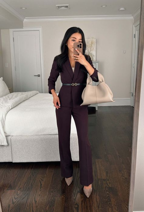 petite plum / burgundy fall suit // business professional interview outfit for women fall 2023 Fall Office Outfits, Business Professional Dress, Interview Outfits, Fall Suit, Oversized White Shirt, Slim And Fit, Extra Petite, Work Fits, Feminine Blouses