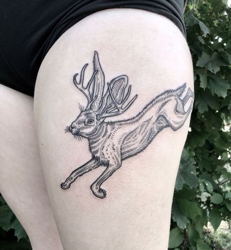 Jumping jackalope! Loved doing this one, thanks again! . . . . . #woodcuttattoo #engravingtattoo #jackalopetattoo #jackalope #artesobscurae… | Instagram Tea Tattoo, Woodcut Tattoo, Celestial Tattoo, Traditional Tattoo Flowers, Engraving Tattoo, Medieval Tattoo, Bunny Tattoos, Western Tattoos, Rabbit Tattoos