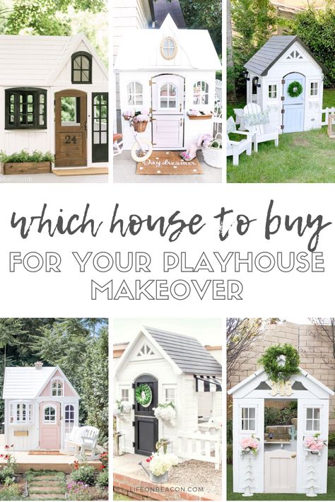 Playhouse Outdoor Makeover, Play House Ideas, Playhouse Village, Kidkraft Playhouse Makeover, Playhouse Redo, Painted Playhouse, Playhouse Makeover, Playhouse Ideas, Outdoor Playhouse