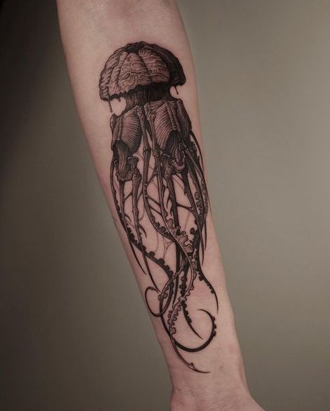 Discover the art of transformation with jellyfish tattoos in our article. Explore it and find 50+ stylish designs with meanings explained. Skeleton Jellyfish Tattoo, Scary Jellyfish Tattoo, Scary Ocean Tattoo, Jelly Fish Hand Tattoo, Goth Ocean Tattoo, Creepy Ocean Tattoo, Dark Jellyfish Tattoo, Skeleton Jellyfish, Aquatic Tattoo