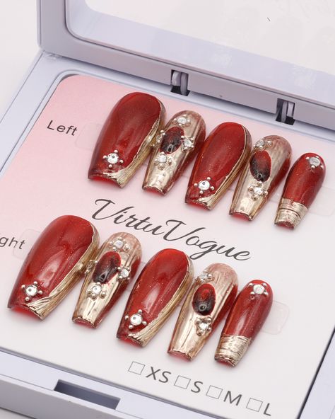 Red hot and gold-en gorgeous! 🔥✨ These long, elegant nails are pure luxury. The perfect blend of classic and bold, they're sure to turn heads. Feeling confident and chic has never been easier!💅🏼 💌DM us and shop today! #virtuvoguenails #pressonnails #pressons #nailart #customizednails #naildesigns #funnails #statementnails #3dnails #3dnailart #rednails #goldnails #longnails #elegantnails #luxurynails #nailsofinstagram Long Elegant Nails, Vogue Nails, Red Champagne, Nails Red, Feeling Confident, Diamond Nails, Elegant Nails, Luxury Nails, 3d Nail Art