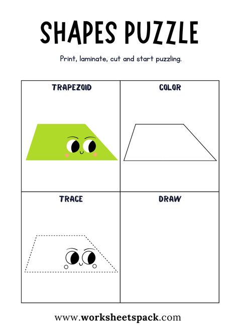 Shapes Puzzle Worksheets Free Printable, Trapezoid Puzzle Game for Students - Printable and Online Worksheets Pack Game For Students, Geometry Shapes, Trapezoid Shape, Geometry Shape, Shapes Worksheets, Shape Puzzles, Preschool Worksheets, Puzzle Game, Montessori