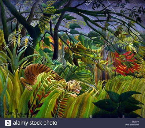 Surprised 1891 Henri Rousseau 1844-1910 France French ( This ... Jungle Painting, Jungle Scene, Henri Rousseau, Tropical Storm, Hur Man Målar, In The Jungle, A4 Poster, Post Impressionists, Naive Art