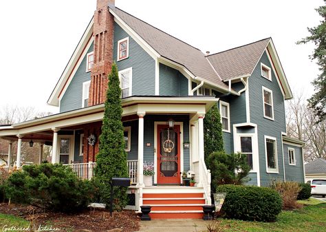 Victorian With Wrap Around Porch, Blue House Wrap Around Porch, Aesthetic Wrap Around Porch, Brick House Wrap Around Porch, Victorian House Paint Exterior, Half Wrap Around Porch, Vintage Homes Exterior, Houses With Wrap Around Porches, Wrap Around Porch Farmhouse