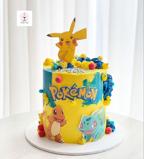 Cute little Pokémon themed cake💛 Red velvet sponge and fresh cream filling with buttercream coverage Bolo Pikachu, Pokemon Party Decorations, Pokemon Themed Party, Pokemon Birthday Cake, Pikachu Cake, Pokemon Cake, Pokemon Birthday Party, Pokemon Party, Pokemon Birthday