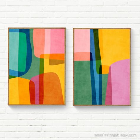 Pink Yellow Blue Green Mid-century Modern Abstract Wall Art - Etsy Australia Living Room Art Prints, Vibrant Wall Art, Wall Art Set Of 2, Grand Art Mural, Modern Abstract Wall Art, Art Set Of 2, Arte Popular, Wall Art Set, Modern Wall Art