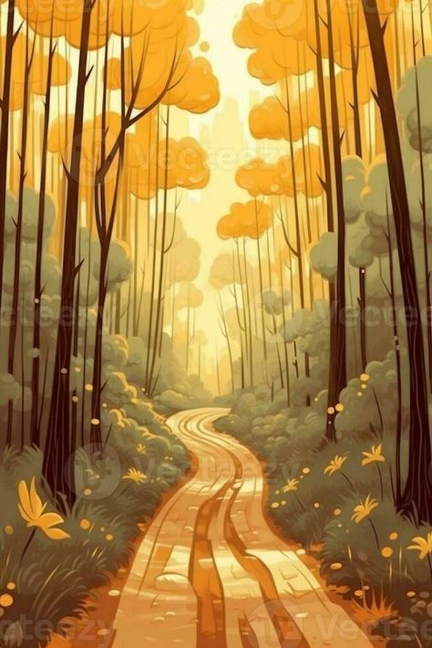 AI Generative Beautiful sunny autumn landscape with fallen dry red leaves road through the forest and yellow trees Autumn Forest Drawing, Fallen Tree Drawing, Autumn Landscape Drawing, Autumn Forest Illustration, Picnic Quotes, Autumn Sketches, Yellow Moodboard, Baby Bison, Ipad Inspo