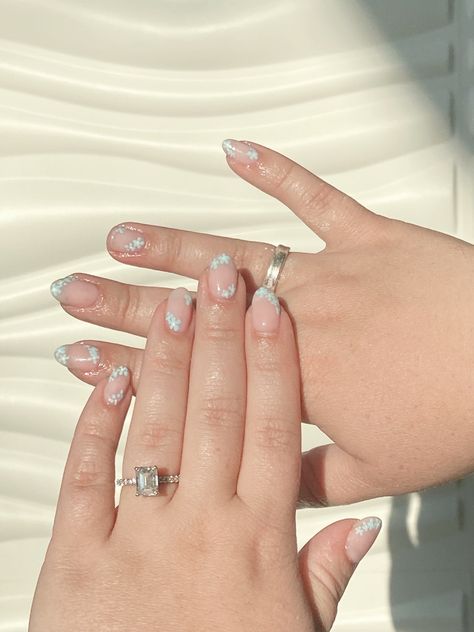 Luxe nails, Grand Rapids, MI Dainty floral blue nails Something Blue Bridal Nails, Bridal Blue Nails, Wedding Nails For Bride Dusty Blue, Light Blue Bridal Nails, Something Blue Wedding Nails, Bridal Nails Blue, Light Blue Flower Nails, Blue Wedding Nails For Bride, Something Blue Nails