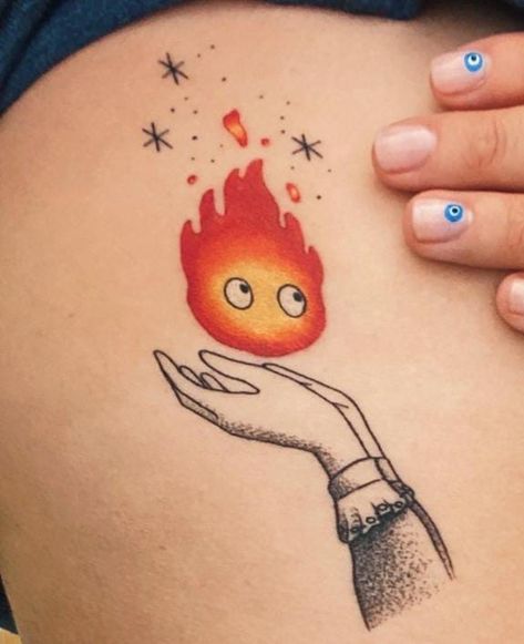 Fire Princess Tattoo, Calcifer Tattoo, Tattoo Planning, Fire Princess, Ghibli Tattoo, Sticker Tattoo, Princess Tattoo, Tattoo Trend, Body Accessories