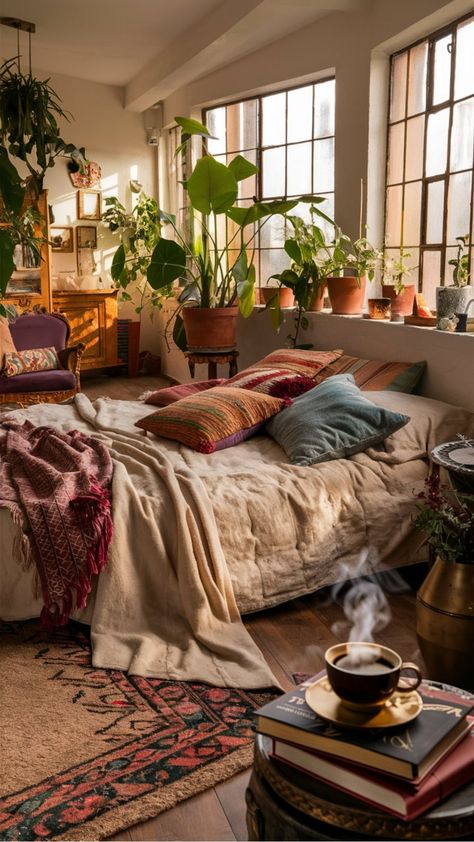 Cozy bedroom with large plants, sunlight streaming through windows, and a steaming cup of coffee on a stack of books. Fluffy Blankets Aesthetic, Bedroom Fairy Lights, Cozy Bedroom Decor Ideas, Cozy Bedroom Aesthetic, Cozy Bedroom Decor, Plush Bedding, Cozy Bedrooms, Aesthetic Bedroom Ideas, Fairy Lights Bedroom