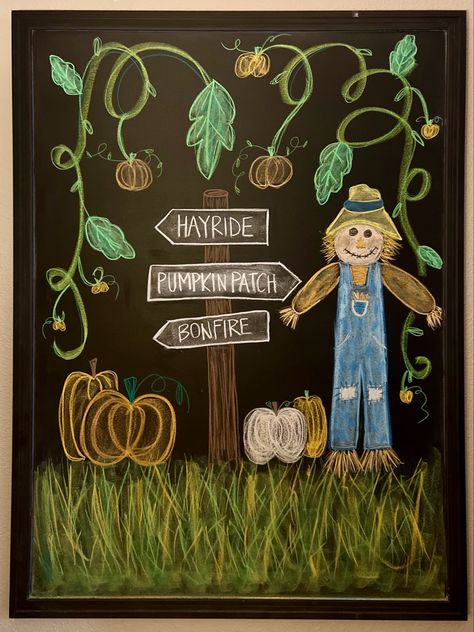 Pumpkin Patch Chalkboard Ideas, Thanksgiving Chalkboards Ideas, Fall Blackboard Ideas Easy, Apple Chalkboard Art, Chalk Fall Drawings, Scarecrow Chalkboard Art, Halloween Chalkboard Sign, Cute Fall Chalkboard Ideas, September Chalkboard Ideas