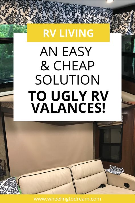 Update and re-cover your RV window valances and bring them into the modern day. DIY RV renovations aren't all difficult and drawn out. They can be ask easy as no sew valances for as little as $40! This rv makeover window treatments are a must for those ugly valance boxes! #rvmakeover #rvrenovation #diyrvrenovations #rvlife #rvliving via @wheelingtodream Rv Blinds, Rv Curtains, Decorating Your Rv, Camper Curtains, Rv Windows, Camper Windows, Motorhome Remodel, Rv Redo, Window Valances