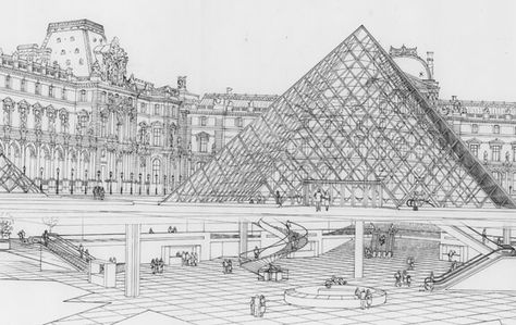 Louvre paris section Pyramid Drawing, Olympia Manet, Glass Pyramid, Landscape Architecture Graphics, Louvre Pyramid, Cherry Blossom Watercolor, Drawing Collection, Museum Interior, Old Train Station