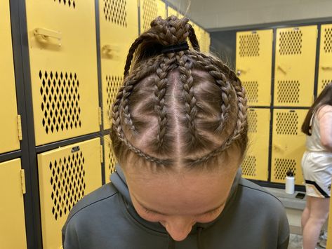 Softball Braided Hairstyles, Gameday Braids, Game Day Braids, Wrestling Hairstyles, Athletic Braids, Braids For Sports, Braided Sporty Hairstyles, Lacrosse Hairstyles, Cool Brown Hair Color