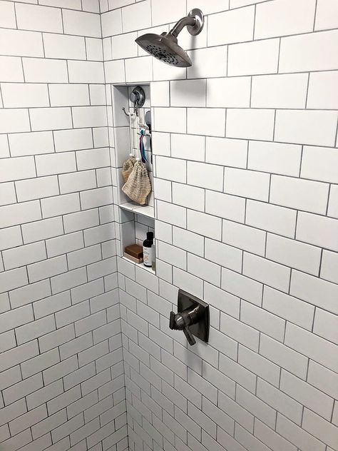 Old Farmhouse Bathroom, Subway Tile With Grey Grout, Tile With Grey Grout, White Subway Tile Shower, Subway Tile Showers, Shower Renovation, Natural Showers, Wooden Soap Dish, Grey Grout