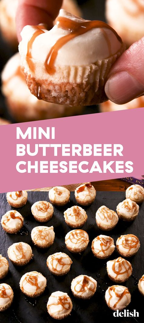 Make Mini Butterbeer Cheesecakes For The Harry Potter Fan In Your LifeDelish Harry Potter Butter Beer Cheesecake, Hogwarts Butterbeer Cheesecake, Harry Potter Side Dishes, Ravenclaw Food Ideas, Harry Potter Cheesecake, Butterbeer Cheesecake Recipe, Butterbeer Treats, Hogwarts Desserts, Harry Potter Baby Shower Ideas Food