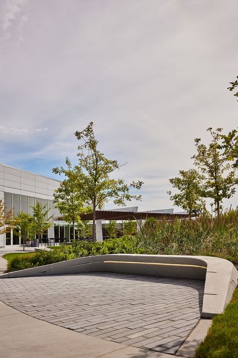 The front door for Ford Motor Company, the Ford Experience Center’s plaza welcomes employees and important guests with custom Studio 431 precast retaining walls that integrate sculptural seating and lighting. #LandscapeForms #designinspiration #architectureinspiration Landscape Focal Point, Sculpture Landscape Architecture, Planter With Seating, Landscape Seating, Landscape Plaza, Landscape Architecture Plan, Plaza Design, Pocket Park, Public Seating