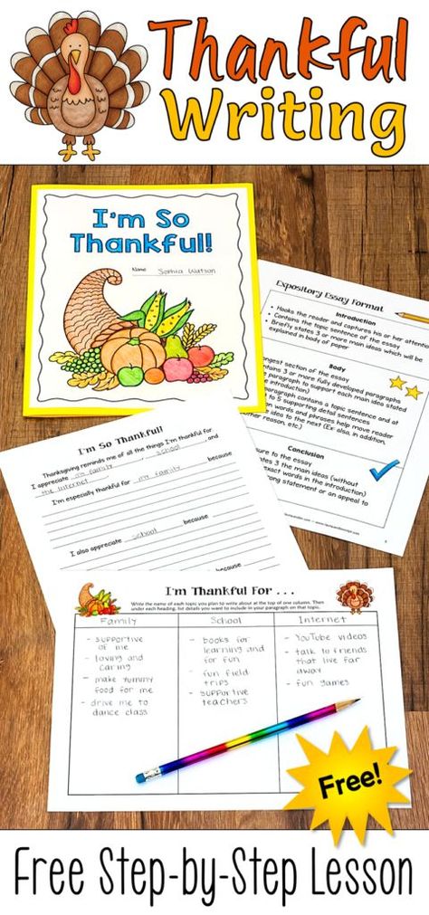 Thankful Writing is a free Thanksgiving writing activity from Laura Candler that's a step-by-step expository writing lesson and a craftivity all in one! The final project is sent home with students to be shared with their families on Thanksgiving day, and it's sure to be a memorable keepsake! Thankful Writing, 5 Paragraph Essay, Thanksgiving Writing Activity, Christian Thanksgiving, Writing Craftivity, Thanksgiving Writing, Writing Lesson Plans, Expository Writing, 4th Grade Writing