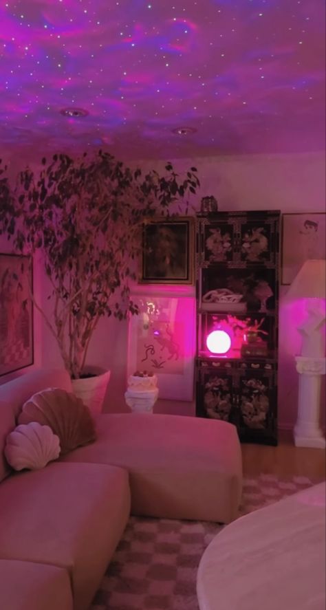 Apartment Decor Y2k, Pink Hippy Room, Living Room Decor Y2k, Spiritual Apartment Decor, Vaporwave Living Room, Pink Hippie Room, Cute Cribs, Hangout Room Ideas Teen Lounge, Trippy House Decor