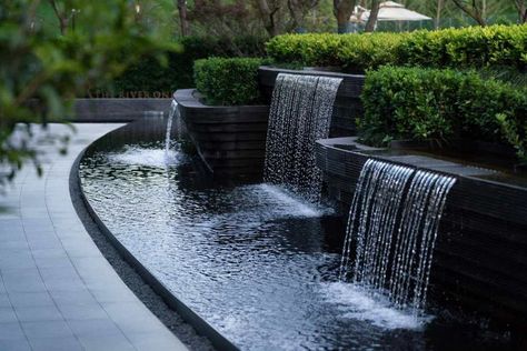 Cascading Water Feature, Waterscape Design, Water Wall Fountain, Hotel Landscape, Water Fountain Design, Kolam Koi, Taman Air, Water Feature Wall, Outdoor Water Features