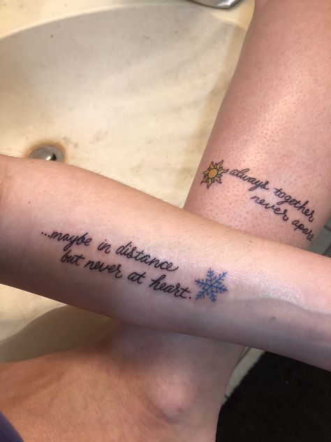 Long term, long distance friendship with my best friend/soul sister and they came out amazing! Best Friend Phrase Tattoos, Bff Tattoos Long Distance, Long Distance Sibling Tattoo, Tattoo Ideas For Long Distance Friends, Matching Tattoos Long Distance Friends, Long Distance Cousin Tattoos, Couple Tattoos Long Distance, Best Friend Tattoos Distance, Distance Tattoos Family