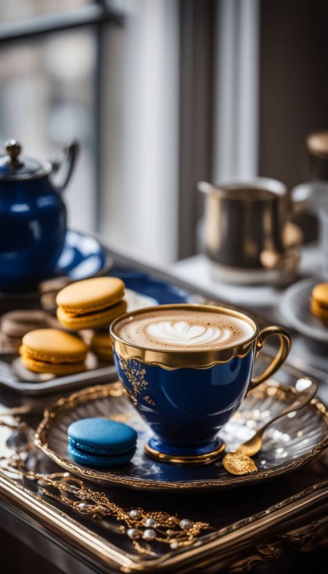 Decoration - exquisite blue and gold porcelain cup of coffee on a tray with macarons - AI creation Blue Coffee Aesthetic, Coffee World, Cute Blue Wallpaper, Coffee Wallpaper, Winter Coffee, Backyard Pools, Character Aesthetics, Blue Coffee, Good Morning Coffee