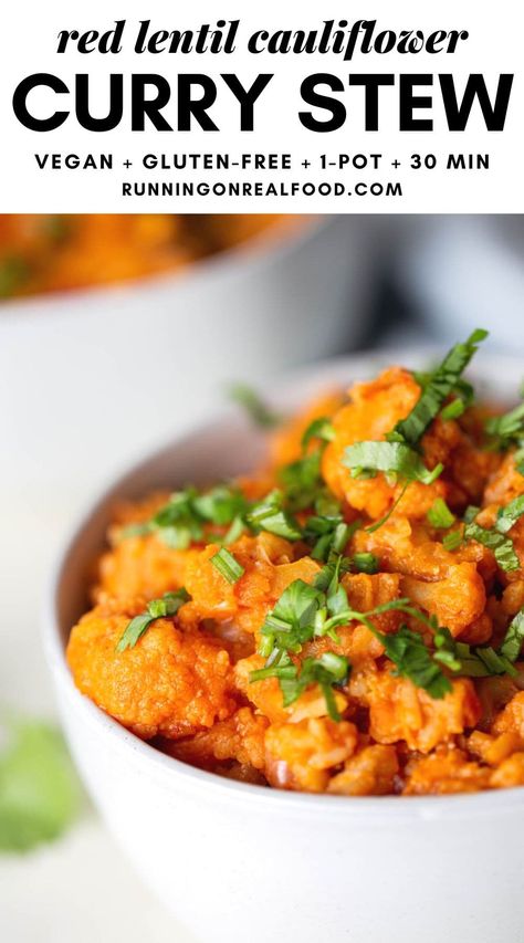 This vegan red lentil cauliflower curry is a hearty stew packed with rice, lentils, cauliflower and carrots. Gluten-free and easy to make in one pot in 30 minutes. Red Curry Rice, Cauliflower Stew, Lentil Cauliflower, Easy Stew Recipes, Running On Real Food, Curry Stew, Curry Ingredients, Vegan Stew, Curry Rice