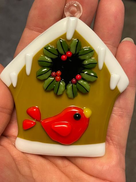 Fused glass Christmas ornament with holly leaf murrine. Fused Glass Turkey, Fused Glass Holiday Ornaments, Glass Fused Ornaments, Fused Glass Gingerbread House, Christmas Fused Glass Ornaments, Christmas Fused Glass Ideas, Fused Glass Christmas Ornaments, Huntington Indiana, Fused Glass Christmas