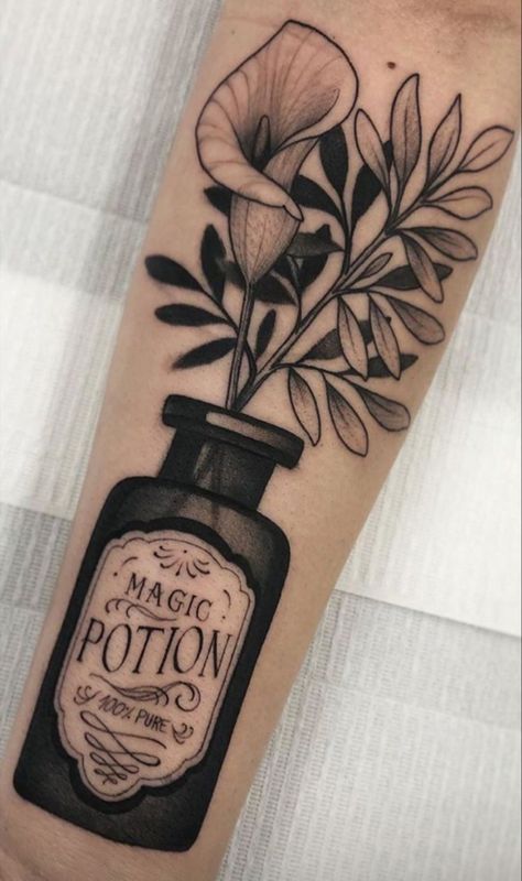 Vintage Bottle Tattoo, Arm Ditch Tattoos For Women, Small Neotraditional Tattoo, Spooky Tattoo Sleeve, Small Witch Tattoo Ideas, Story Tattoo Ideas, Tattoos Ideas Bpd, Spooky Sleeve Tattoo, Under Knee Tattoos Women